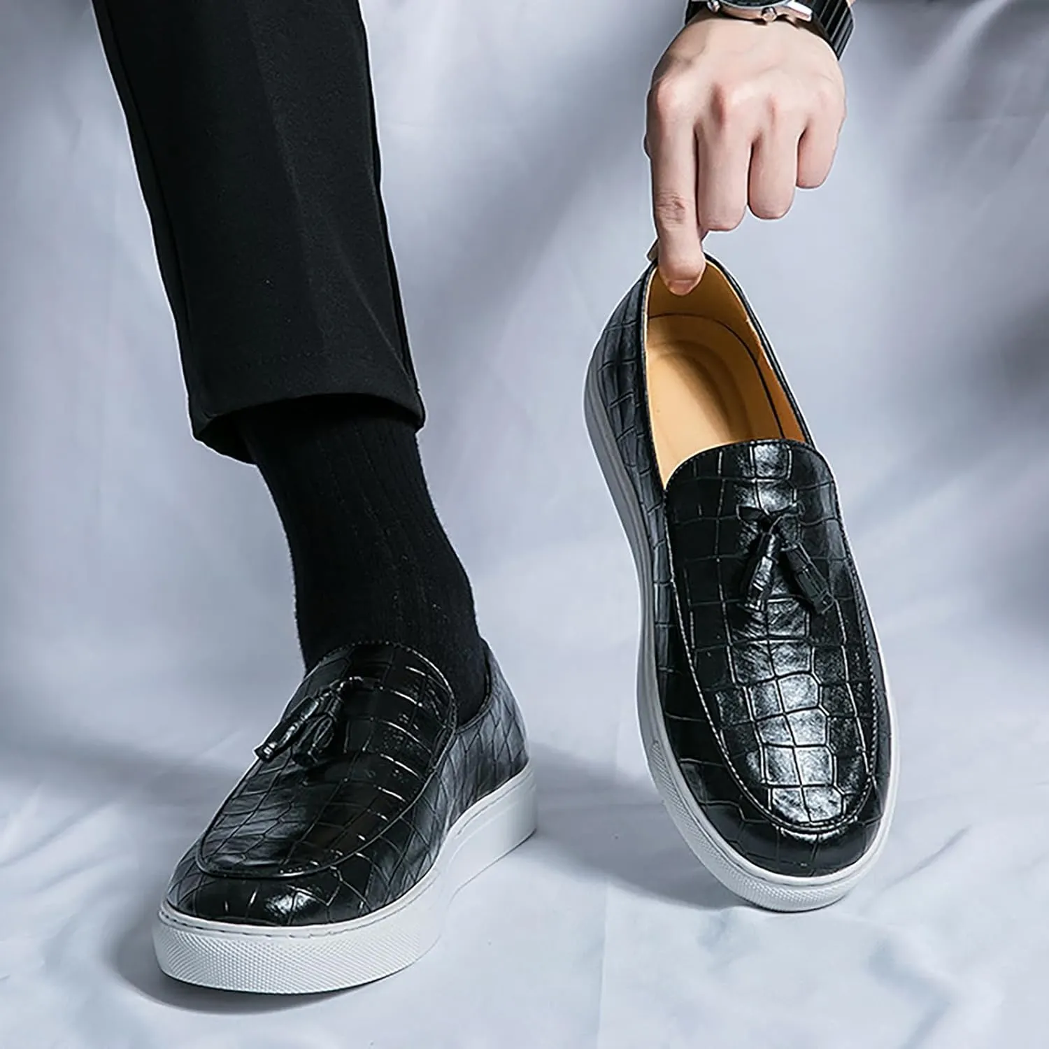 Men's Leather Slip-On Sneakers with Tassel Design | Casual Loafers | Lightweight & Non-Slip | Comfortable Shoes for Business, Office, Dress