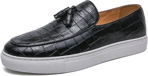 Men's Leather Slip-On Sneakers with Tassel Design | Casual Loafers | Lightweight & Non-Slip | Comfortable Shoes for Business, Office, Dress