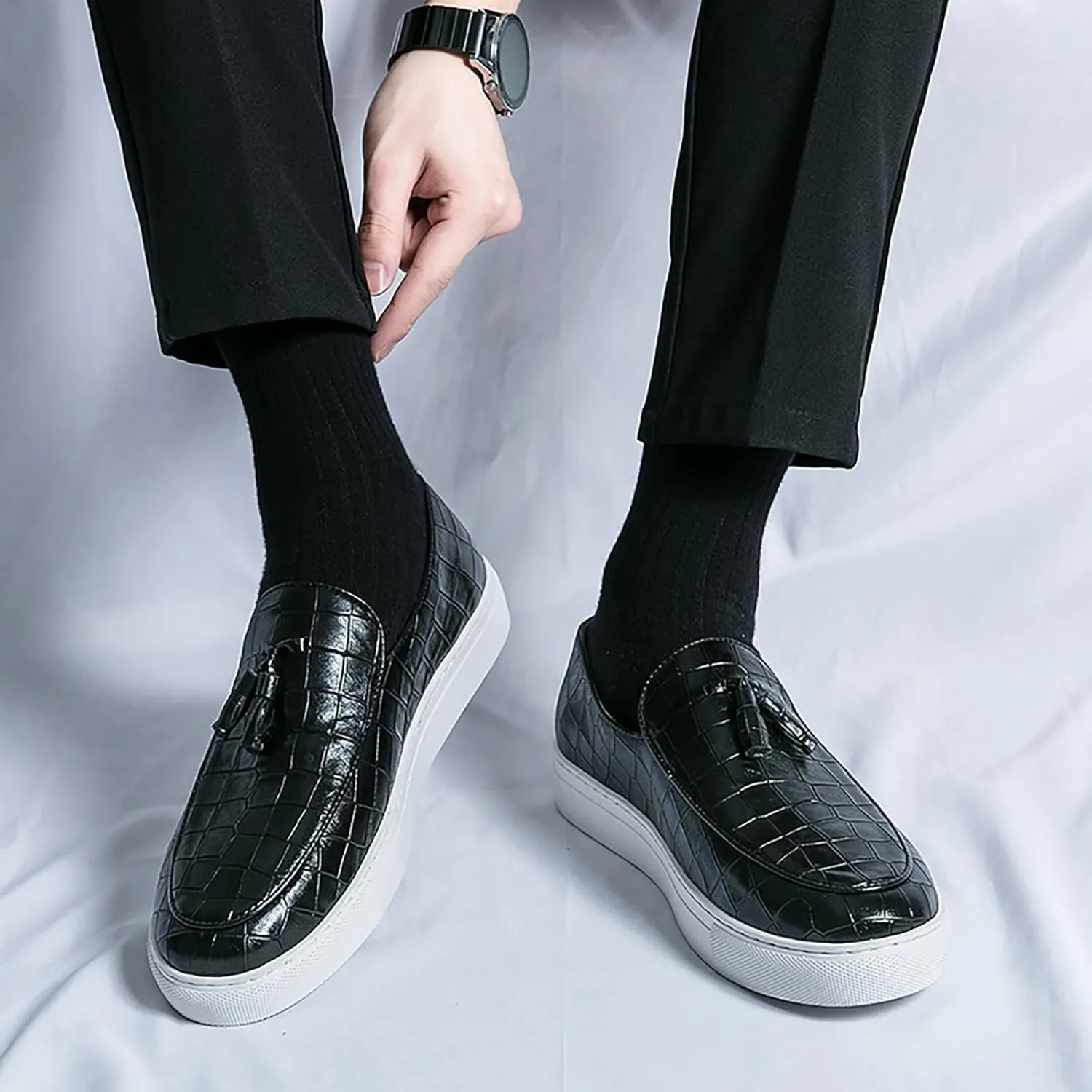 Men's Leather Slip-On Sneakers with Tassel Design | Casual Loafers | Lightweight & Non-Slip | Comfortable Shoes for Business, Office, Dress