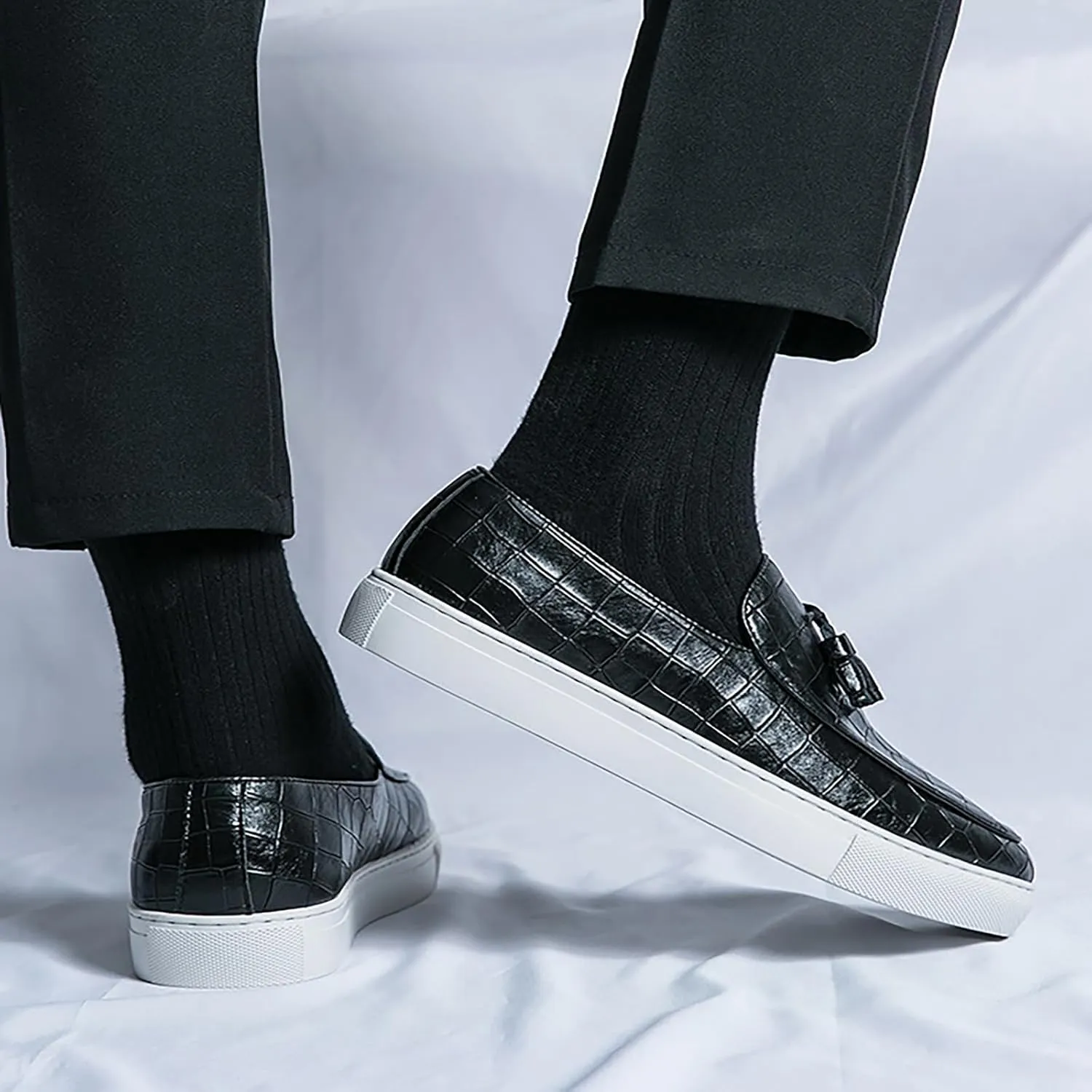 Men's Leather Slip-On Sneakers with Tassel Design | Casual Loafers | Lightweight & Non-Slip | Comfortable Shoes for Business, Office, Dress