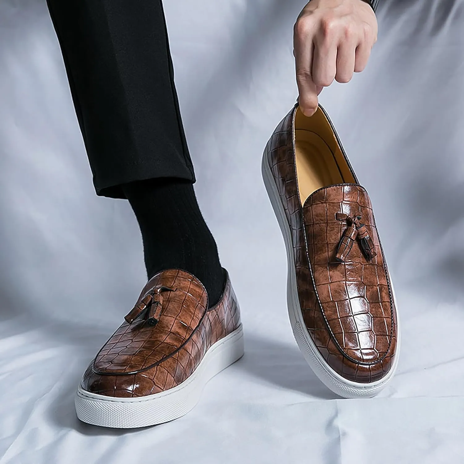 Men's Leather Slip-On Sneakers with Tassel Design | Casual Loafers | Lightweight & Non-Slip | Comfortable Shoes for Business, Office, Dress