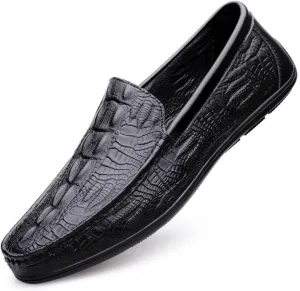 Men's Loafers Shoes Round Toe Vegan Leather Crocodile Embossed Loafer Comfortable Slip Resistant Flat Heel Classic Outdoor Slip-on