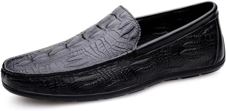 Men's Loafers Shoes Round Toe Vegan Leather Crocodile Embossed Loafer Comfortable Slip Resistant Flat Heel Classic Outdoor Slip-on