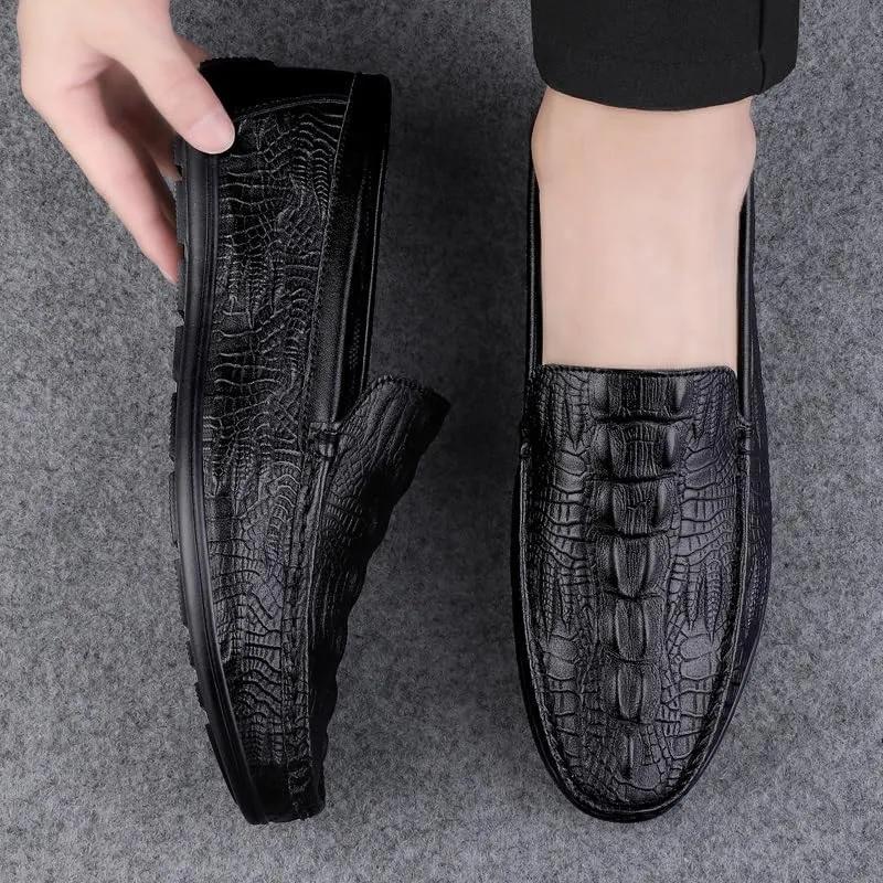 Men's Loafers Shoes Round Toe Vegan Leather Crocodile Embossed Loafer Comfortable Slip Resistant Flat Heel Classic Outdoor Slip-on