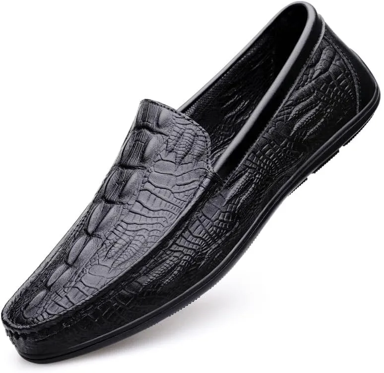 Men's Loafers Shoes Round Toe Vegan Leather Crocodile Embossed Loafer Comfortable Slip Resistant Flat Heel Classic Outdoor Slip-on