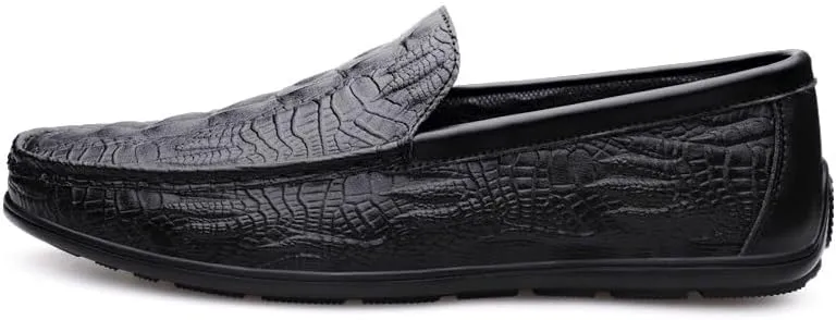 Men's Loafers Shoes Round Toe Vegan Leather Crocodile Embossed Loafer Comfortable Slip Resistant Flat Heel Classic Outdoor Slip-on