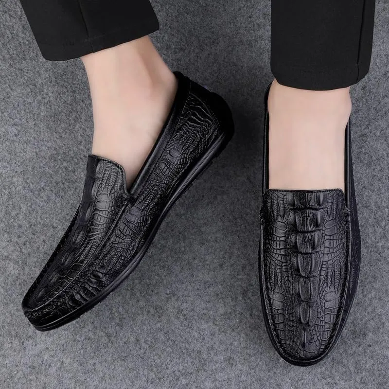 Men's Loafers Shoes Round Toe Vegan Leather Crocodile Embossed Loafer Comfortable Slip Resistant Flat Heel Classic Outdoor Slip-on