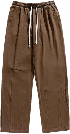Men's Loose Fit Wide-Leg Cotton Pants with Drawstring Waist Vintage Casual Streetwear Trousers