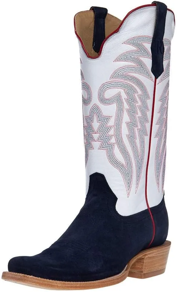 Men's Midnight Blue Roughout 13" Winter White Cowhide Top Cutter Toe Cowboy Boots Navy 10 B