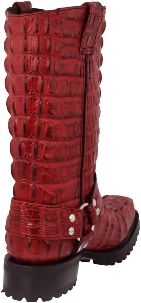 Mens Red Leather Motorcycle Boots Crocodile Tail Print Square Toe