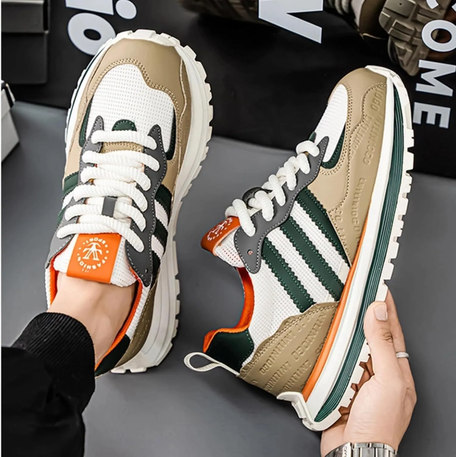 Men’s Retro Jogger Sneakers, Fashion Mesh Suede Trainers, Vintage Street Running Shoes, Iconic Triple Stripe Detailing