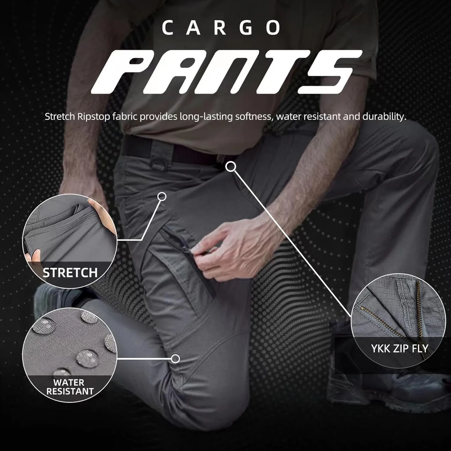 Men's Ripstop Tactical Pants Water Resistant Stretch Cargo Pants Lightweight EDC Hiking Work Pants