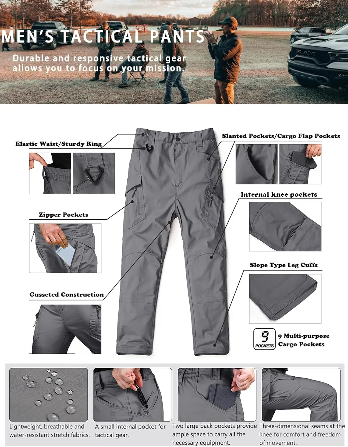 Men's Ripstop Tactical Pants Water Resistant Stretch Cargo Pants Lightweight EDC Hiking Work Pants