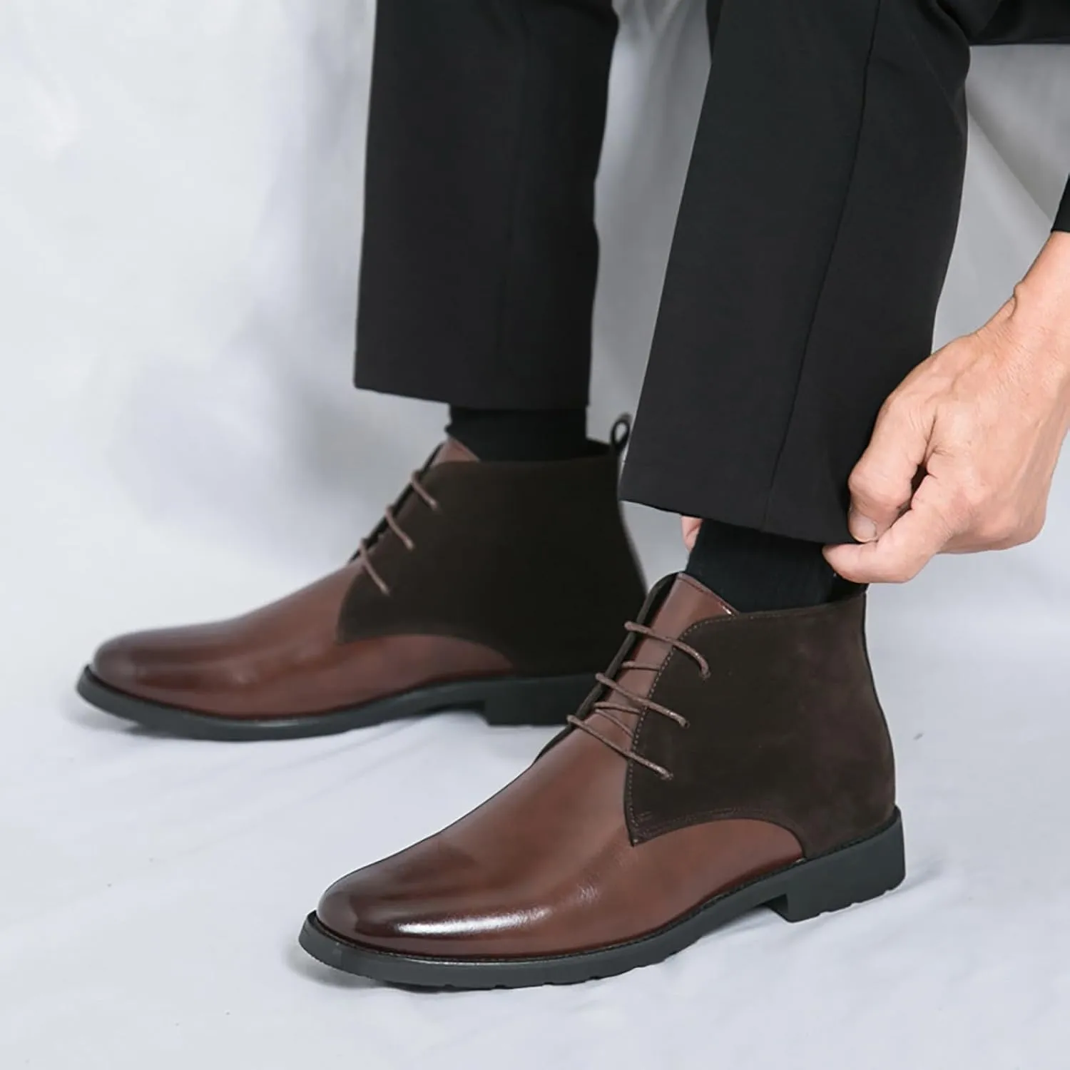Men'S Splicing Leather Lace Up Low Heel Dress Chukka Ankle Boots Classic Fashion Comfortable Non-Slip Chunky Heel Causal Oxford Booties For Business Work Driving