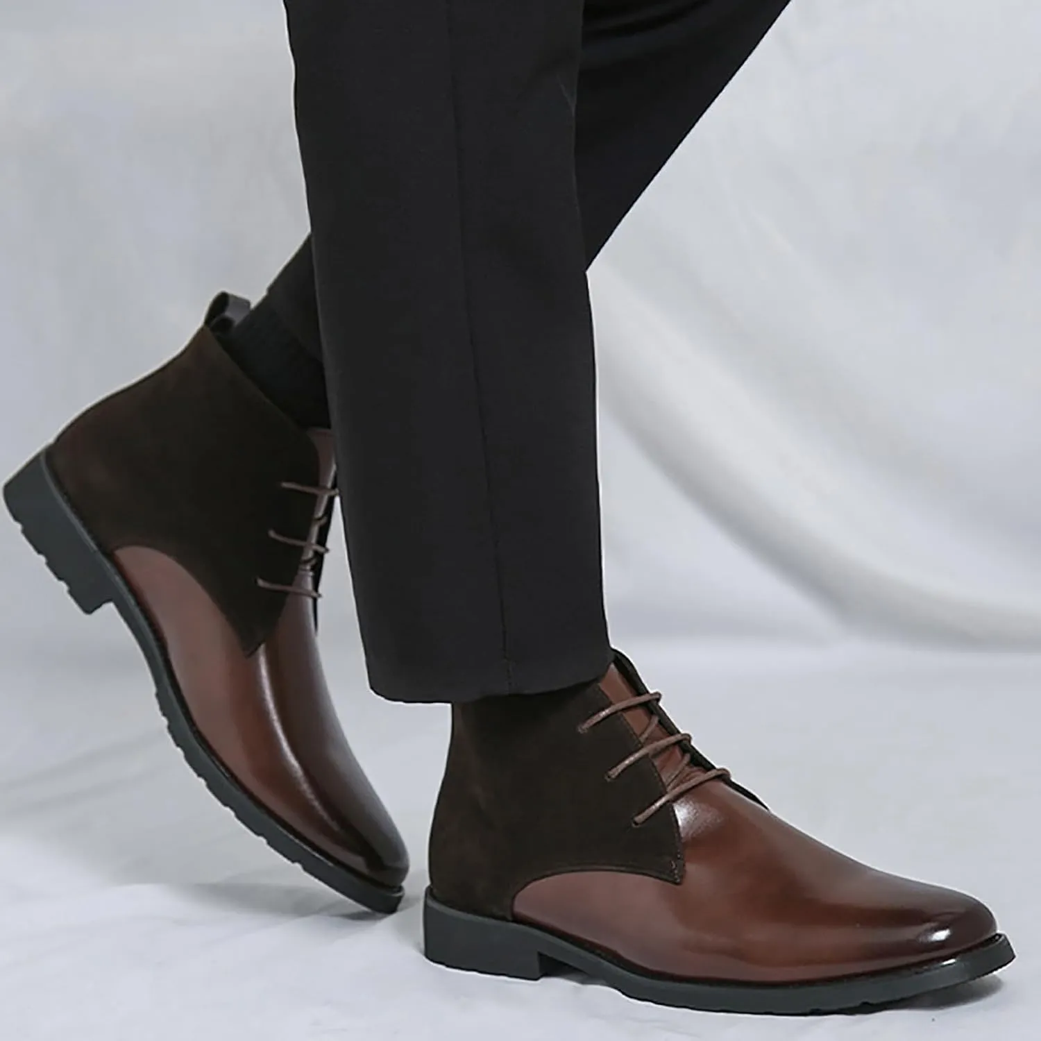 Men'S Splicing Leather Lace Up Low Heel Dress Chukka Ankle Boots Classic Fashion Comfortable Non-Slip Chunky Heel Causal Oxford Booties For Business Work Driving