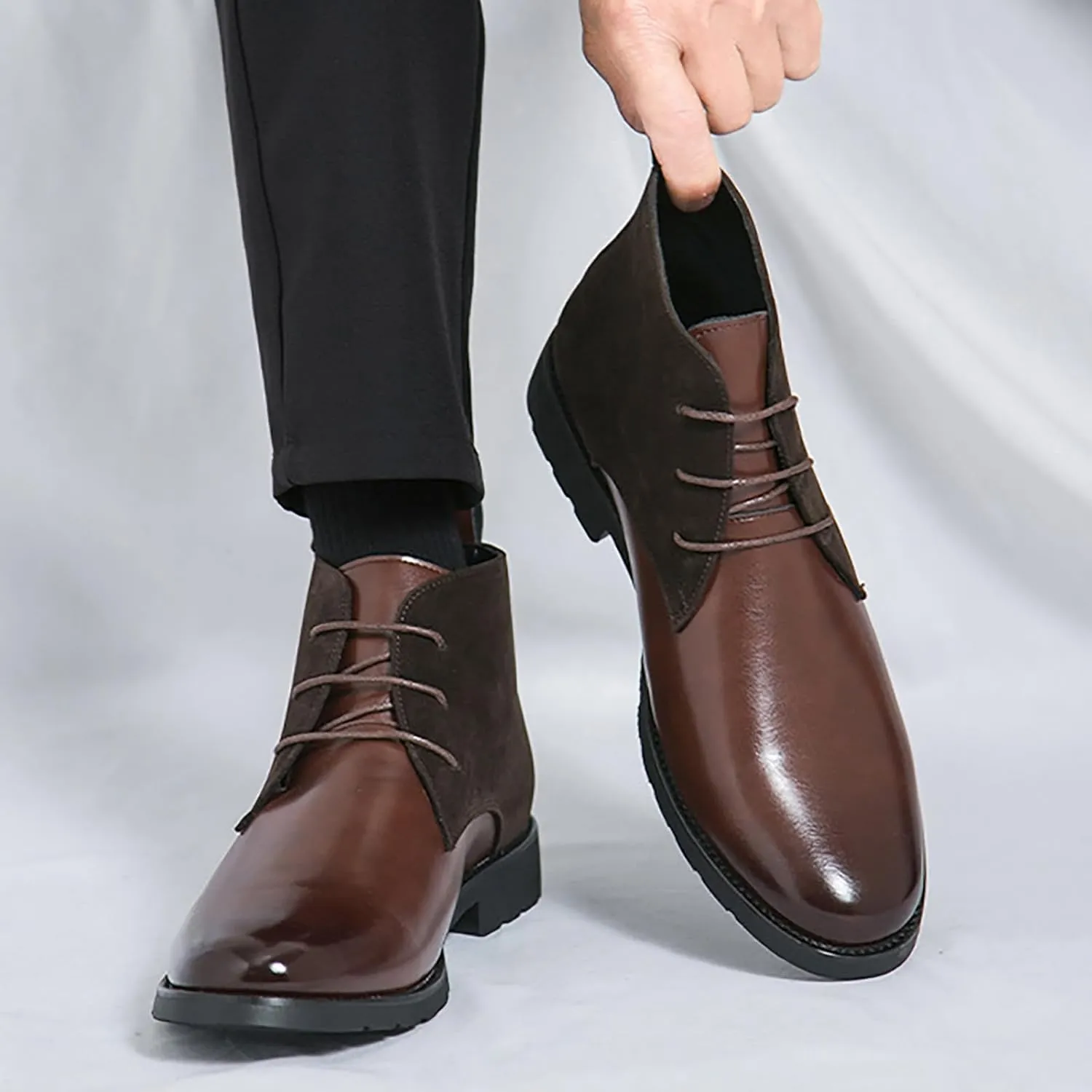 Men'S Splicing Leather Lace Up Low Heel Dress Chukka Ankle Boots Classic Fashion Comfortable Non-Slip Chunky Heel Causal Oxford Booties For Business Work Driving