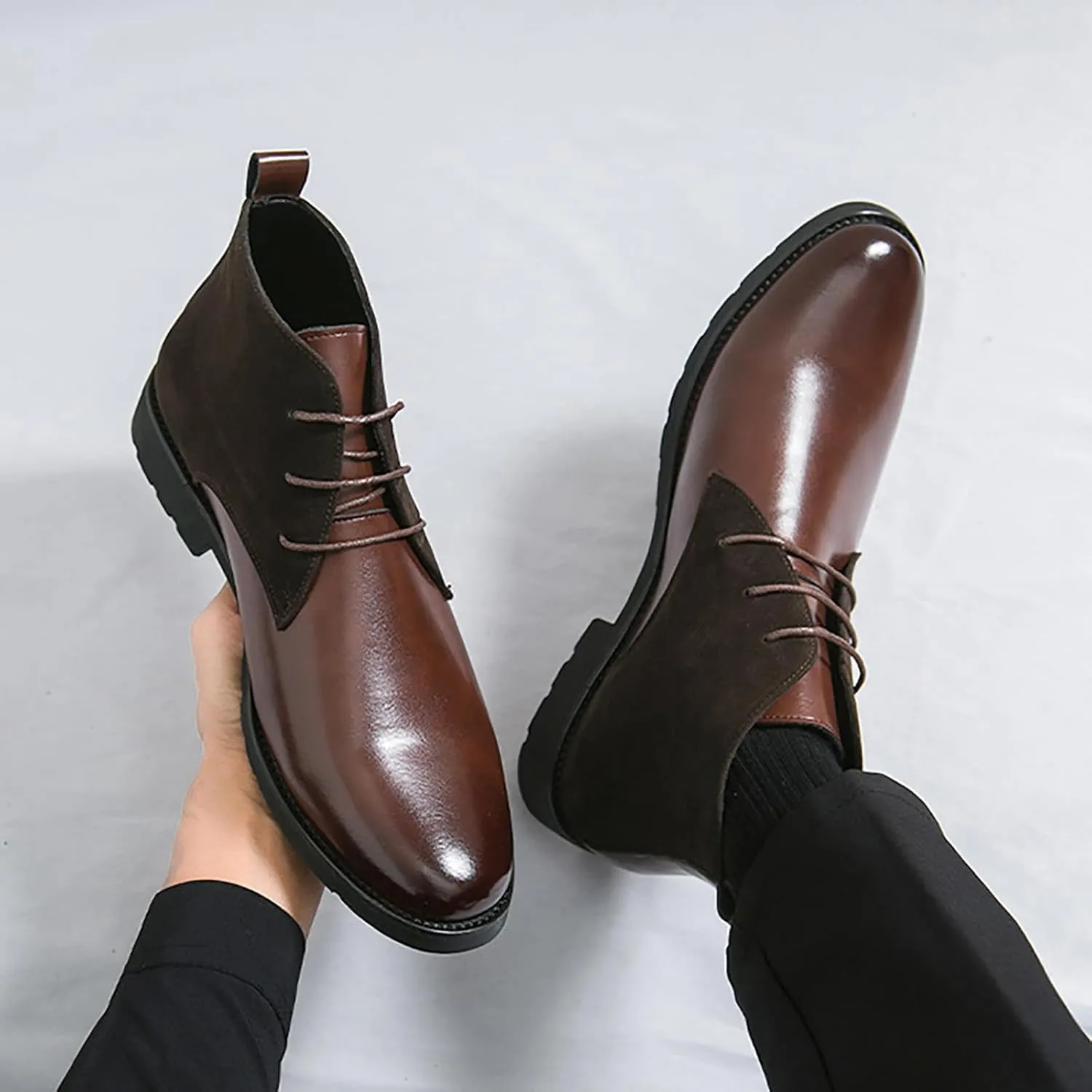 Men'S Splicing Leather Lace Up Low Heel Dress Chukka Ankle Boots Classic Fashion Comfortable Non-Slip Chunky Heel Causal Oxford Booties For Business Work Driving