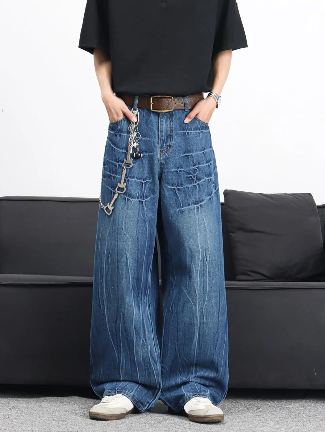 Mens Streetwear Hip Hop Baggy Jeans Wide Leg Skater Denim Pants Loose Long Trousers
