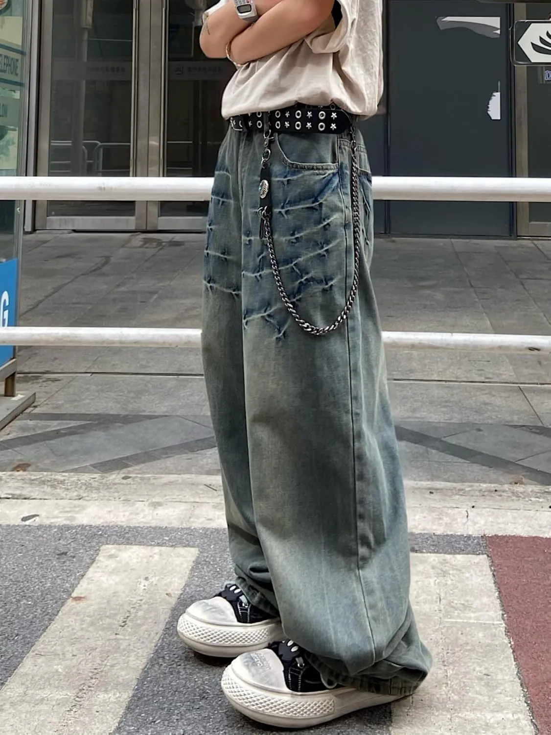 Mens Streetwear Hip Hop Baggy Jeans Wide Leg Skater Denim Pants Loose Long Trousers