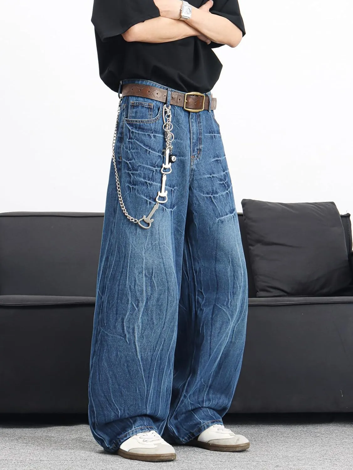 Mens Streetwear Hip Hop Baggy Jeans Wide Leg Skater Denim Pants Loose Long Trousers
