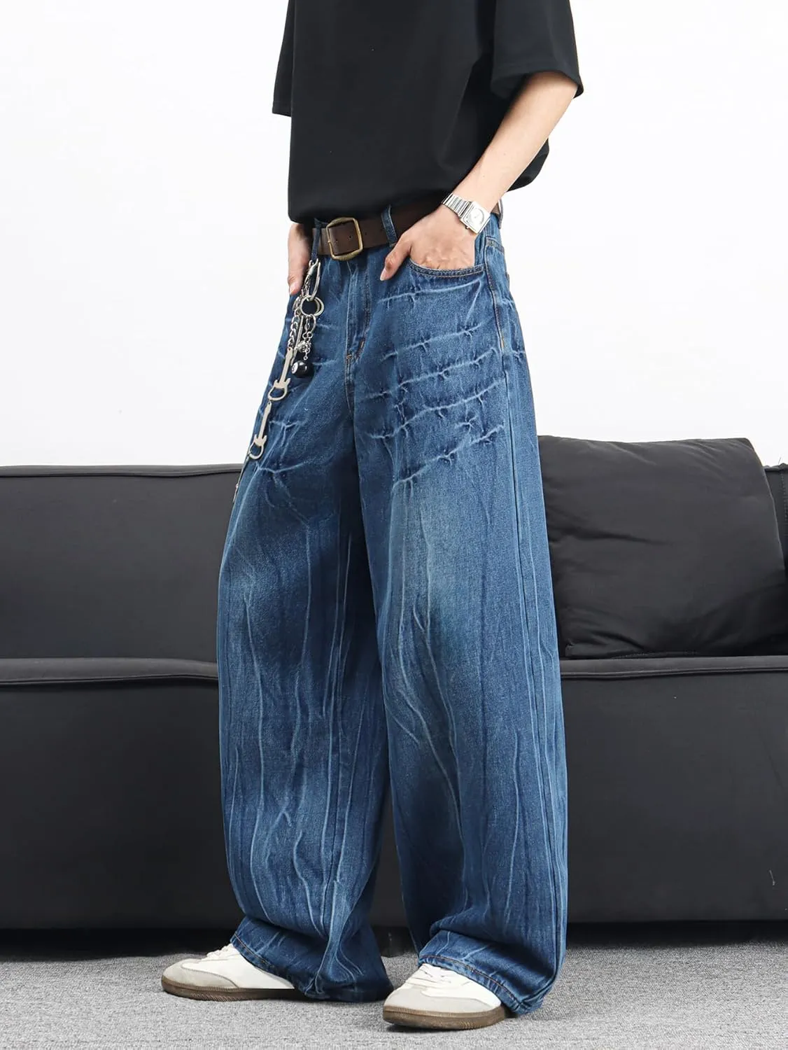 Mens Streetwear Hip Hop Baggy Jeans Wide Leg Skater Denim Pants Loose Long Trousers