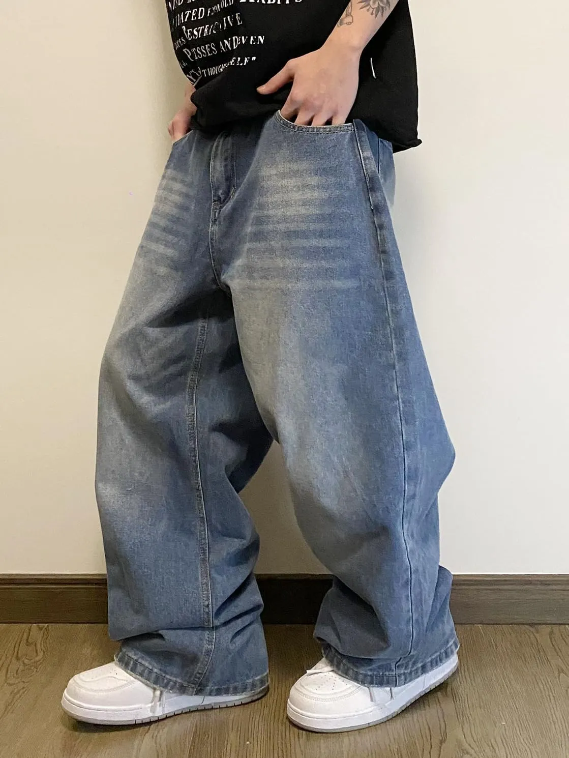 Mens Streetwear Hip Hop Baggy Jeans Wide Leg Skater Denim Pants Loose Long Trousers