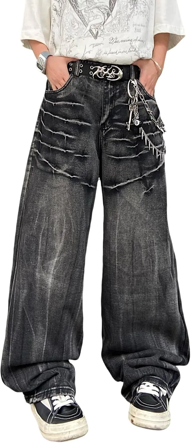 Mens Streetwear Hip Hop Baggy Jeans Wide Leg Skater Denim Pants Loose Long Trousers