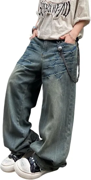 Mens Streetwear Hip Hop Baggy Jeans Wide Leg Skater Denim Pants Loose Long Trousers