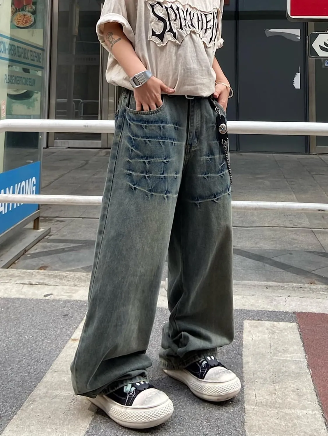 Mens Streetwear Hip Hop Baggy Jeans Wide Leg Skater Denim Pants Loose Long Trousers