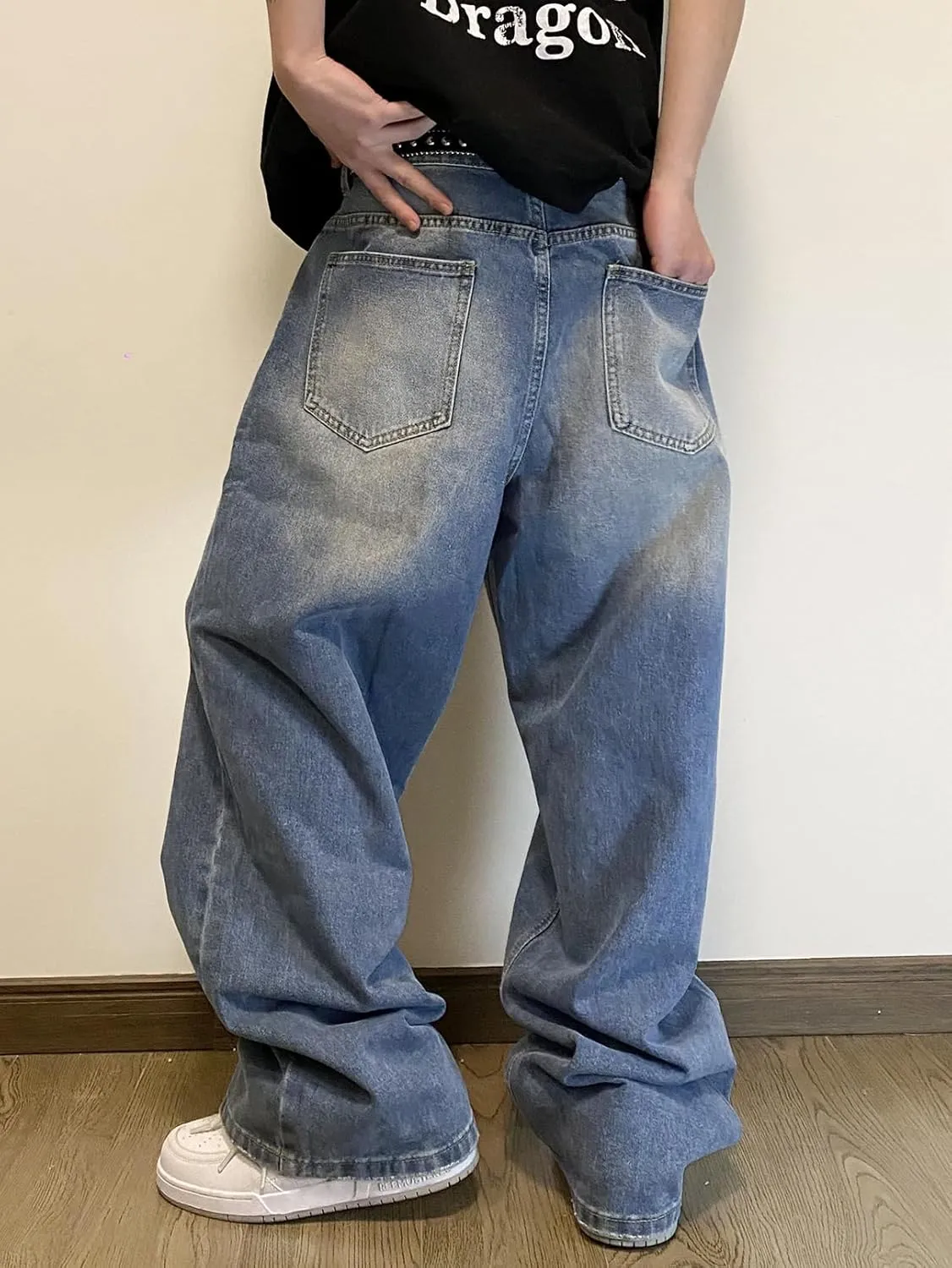 Mens Streetwear Hip Hop Baggy Jeans Wide Leg Skater Denim Pants Loose Long Trousers