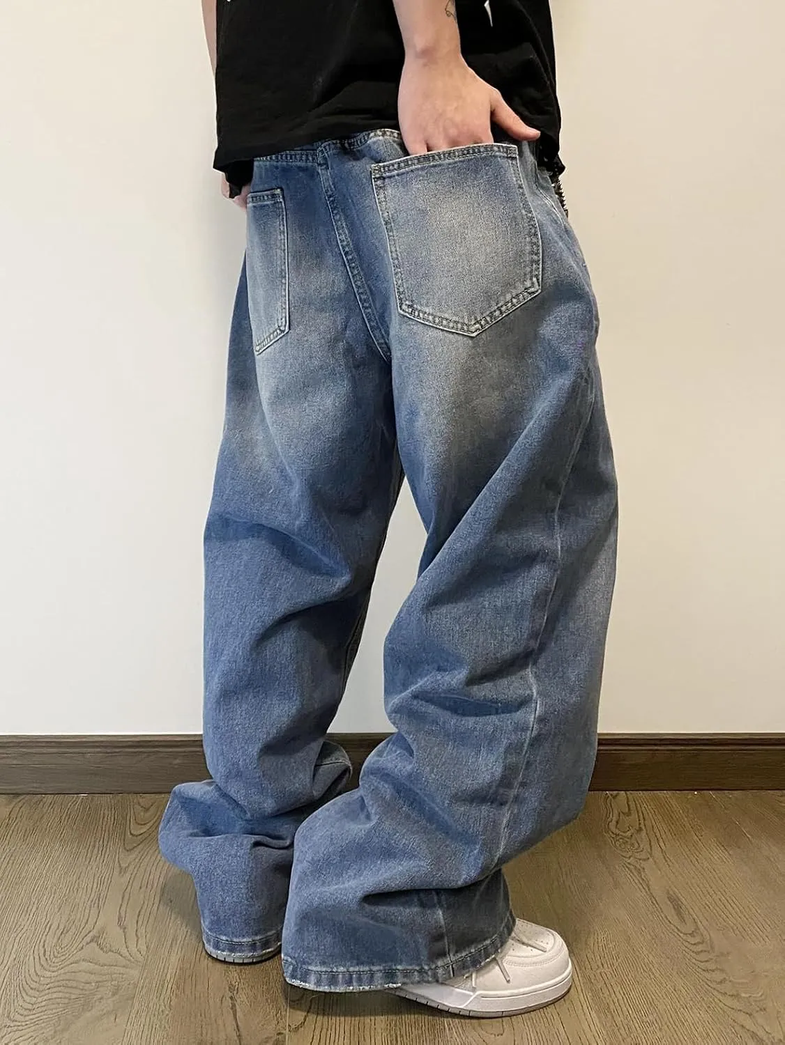 Mens Streetwear Hip Hop Baggy Jeans Wide Leg Skater Denim Pants Loose Long Trousers