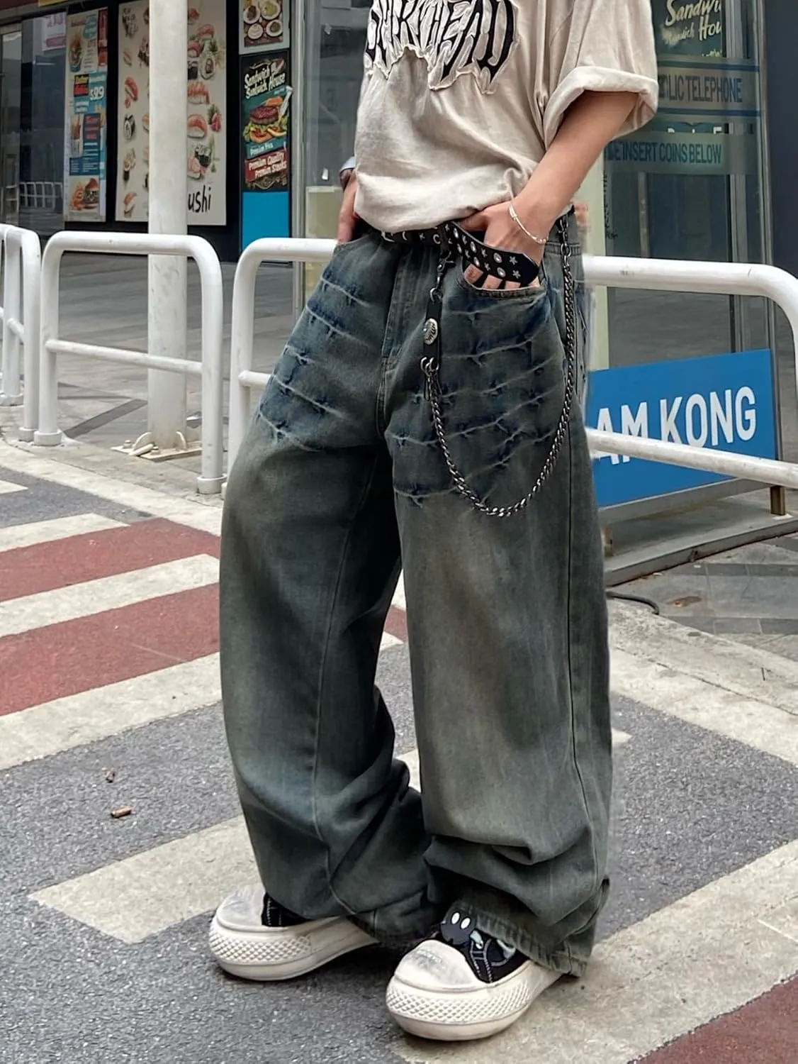 Mens Streetwear Hip Hop Baggy Jeans Wide Leg Skater Denim Pants Loose Long Trousers