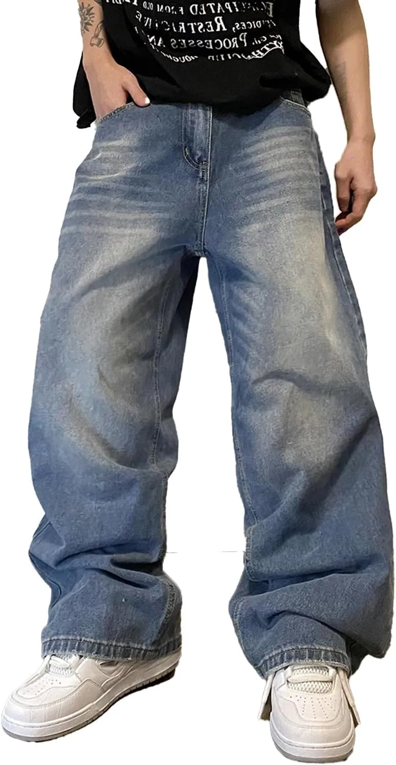 Mens Streetwear Hip Hop Baggy Jeans Wide Leg Skater Denim Pants Loose Long Trousers