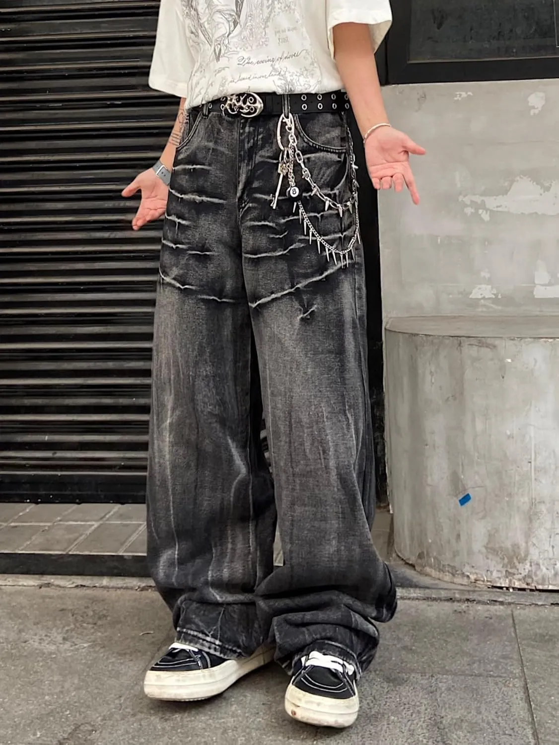 Mens Streetwear Hip Hop Baggy Jeans Wide Leg Skater Denim Pants Loose Long Trousers