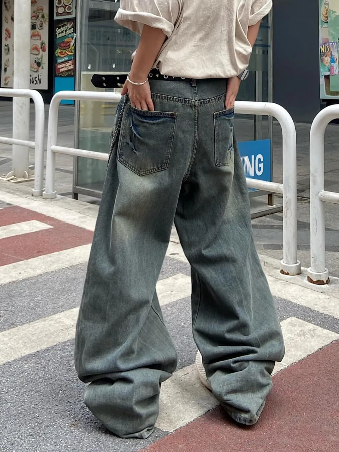 Mens Streetwear Hip Hop Baggy Jeans Wide Leg Skater Denim Pants Loose Long Trousers