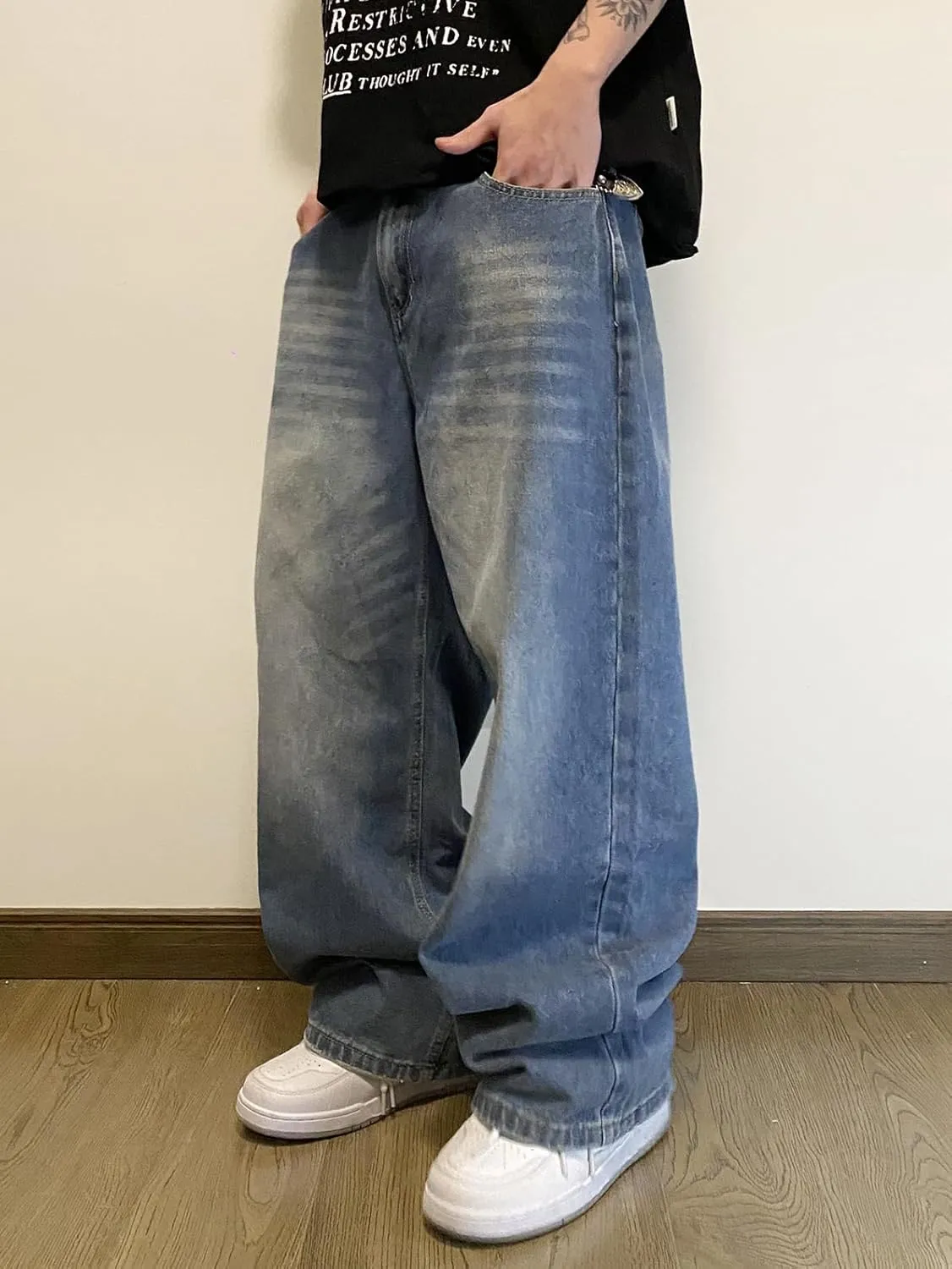 Mens Streetwear Hip Hop Baggy Jeans Wide Leg Skater Denim Pants Loose Long Trousers