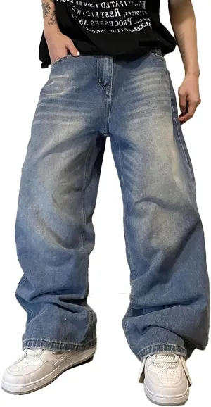 Mens Streetwear Hip Hop Baggy Jeans Wide Leg Skater Denim Pants Loose Long Trousers