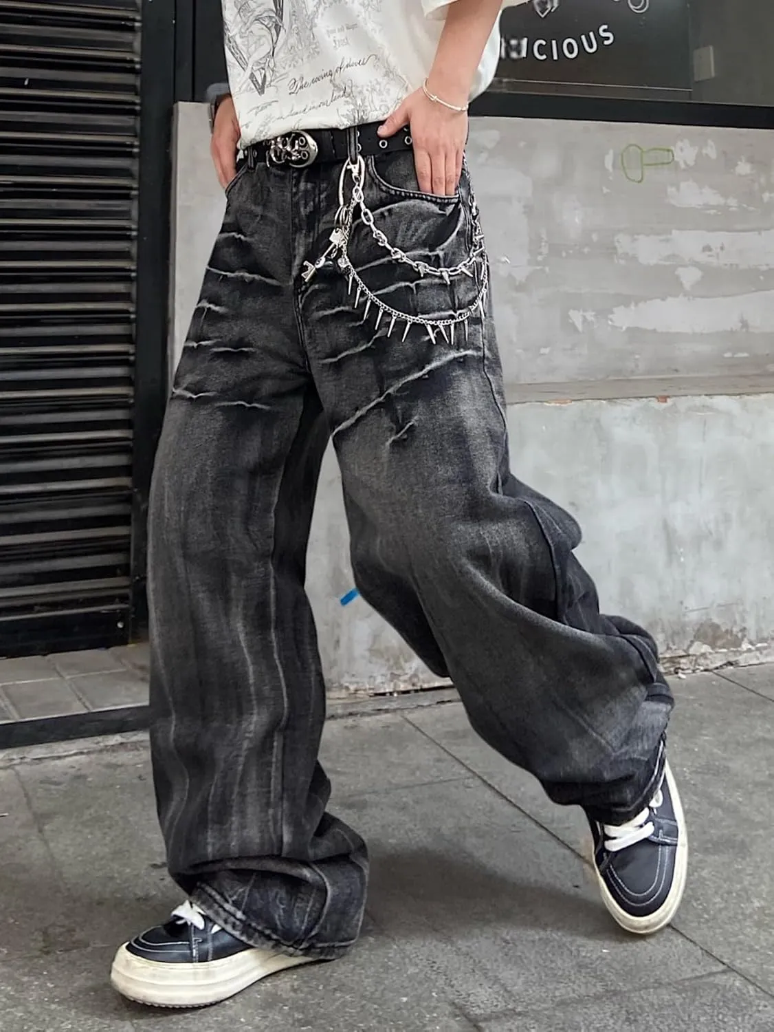 Mens Streetwear Hip Hop Baggy Jeans Wide Leg Skater Denim Pants Loose Long Trousers