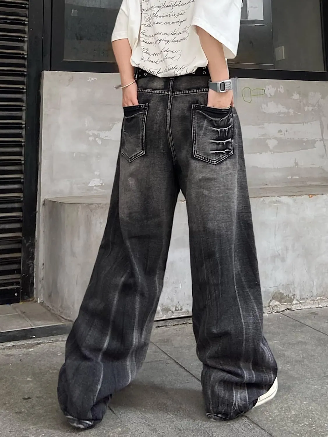 Mens Streetwear Hip Hop Baggy Jeans Wide Leg Skater Denim Pants Loose Long Trousers