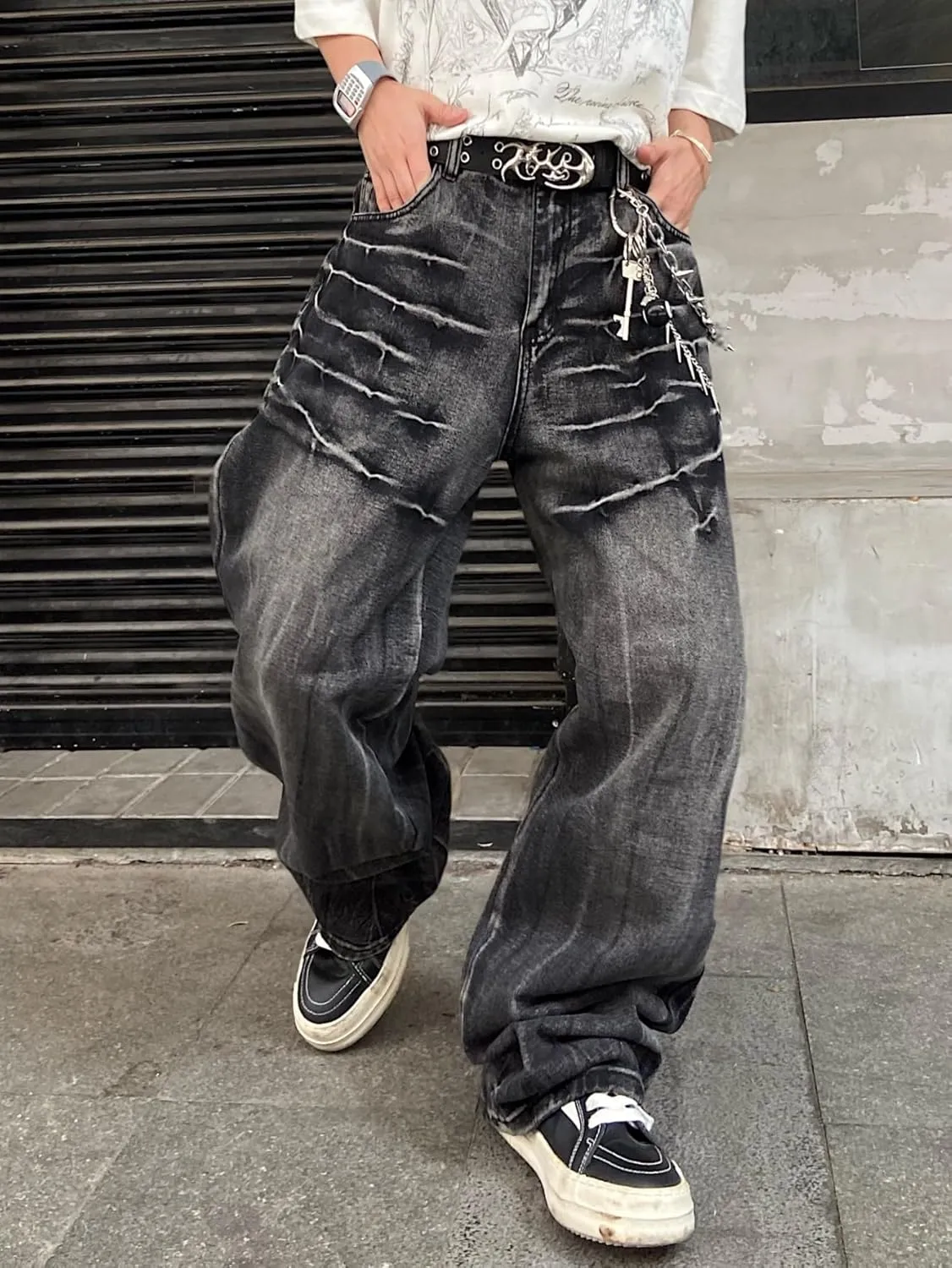 Mens Streetwear Hip Hop Baggy Jeans Wide Leg Skater Denim Pants Loose Long Trousers