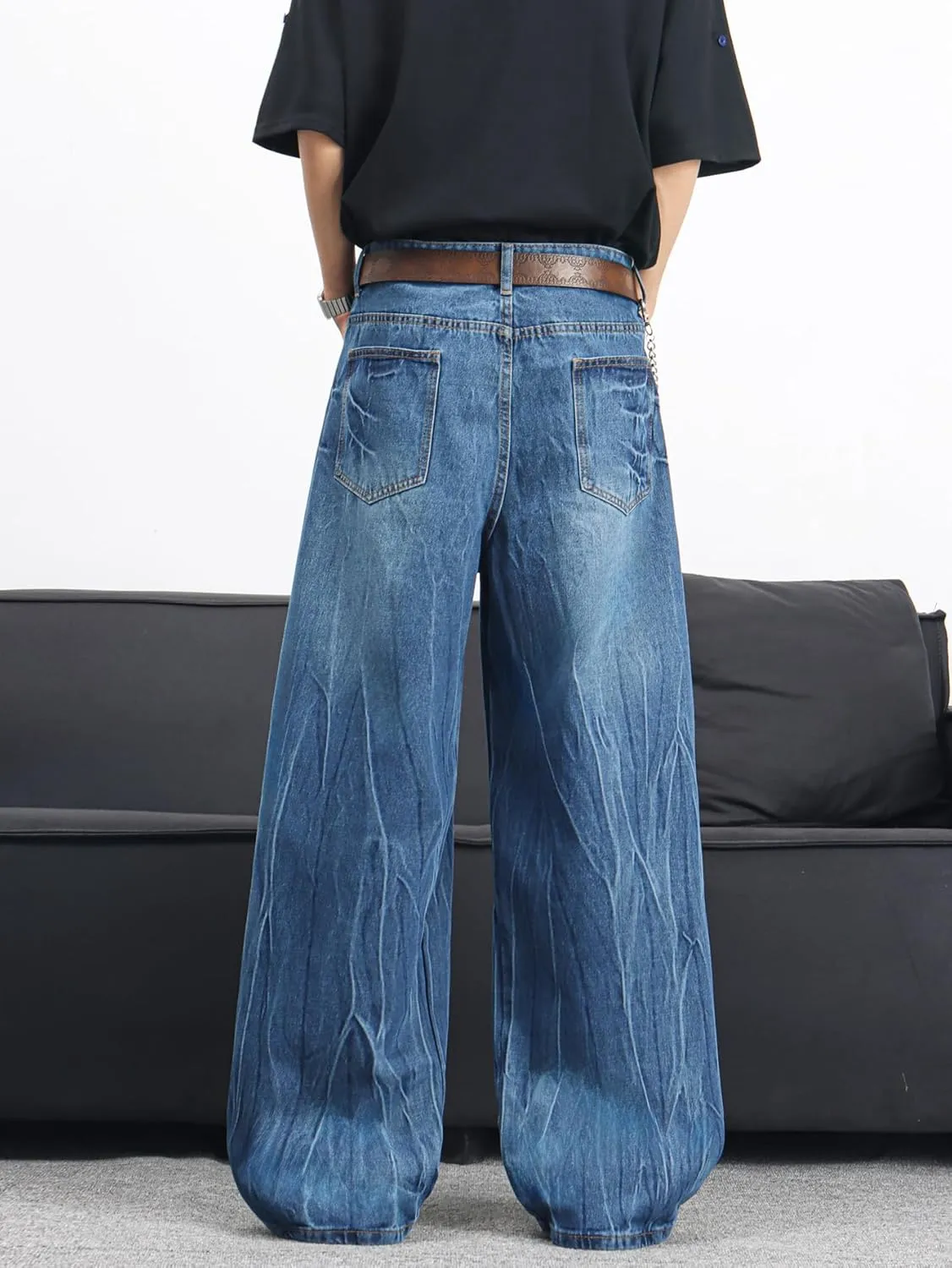 Mens Streetwear Hip Hop Baggy Jeans Wide Leg Skater Denim Pants Loose Long Trousers