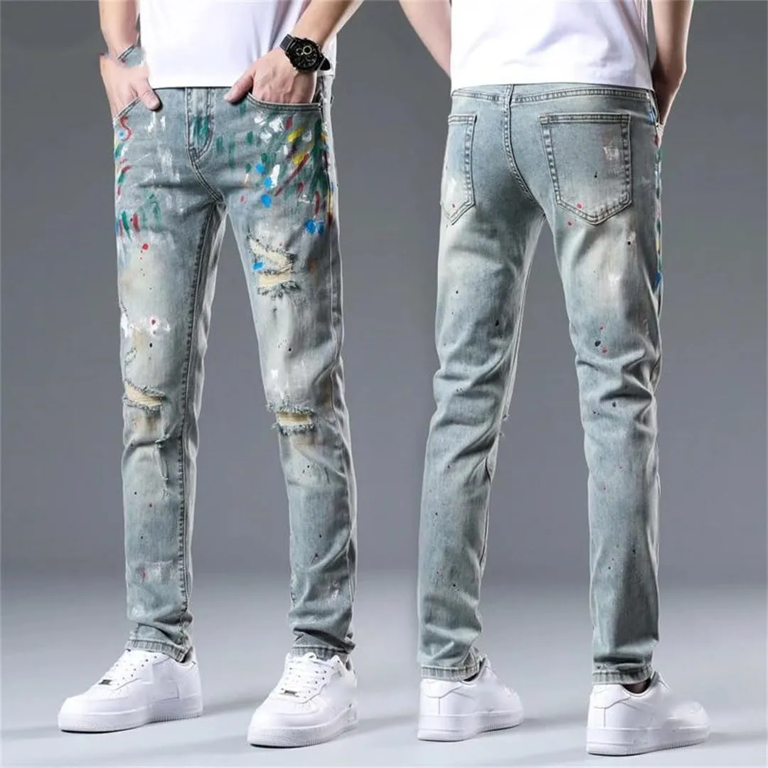 Men's Stretch Distressed Slim Skinny Casual Denim Pants Frayed Patchwork Vintage Ripped Jeans
