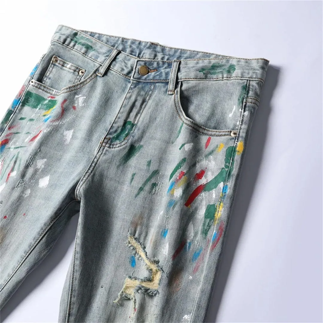 Men's Stretch Distressed Slim Skinny Casual Denim Pants Frayed Patchwork Vintage Ripped Jeans