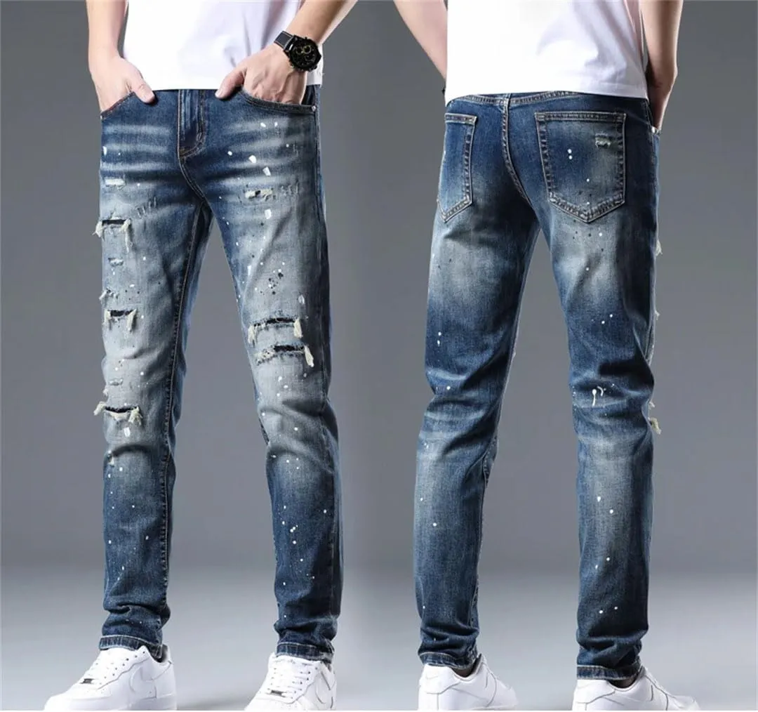 Men's Stretch Distressed Slim Skinny Casual Denim Pants Frayed Patchwork Vintage Ripped Jeans