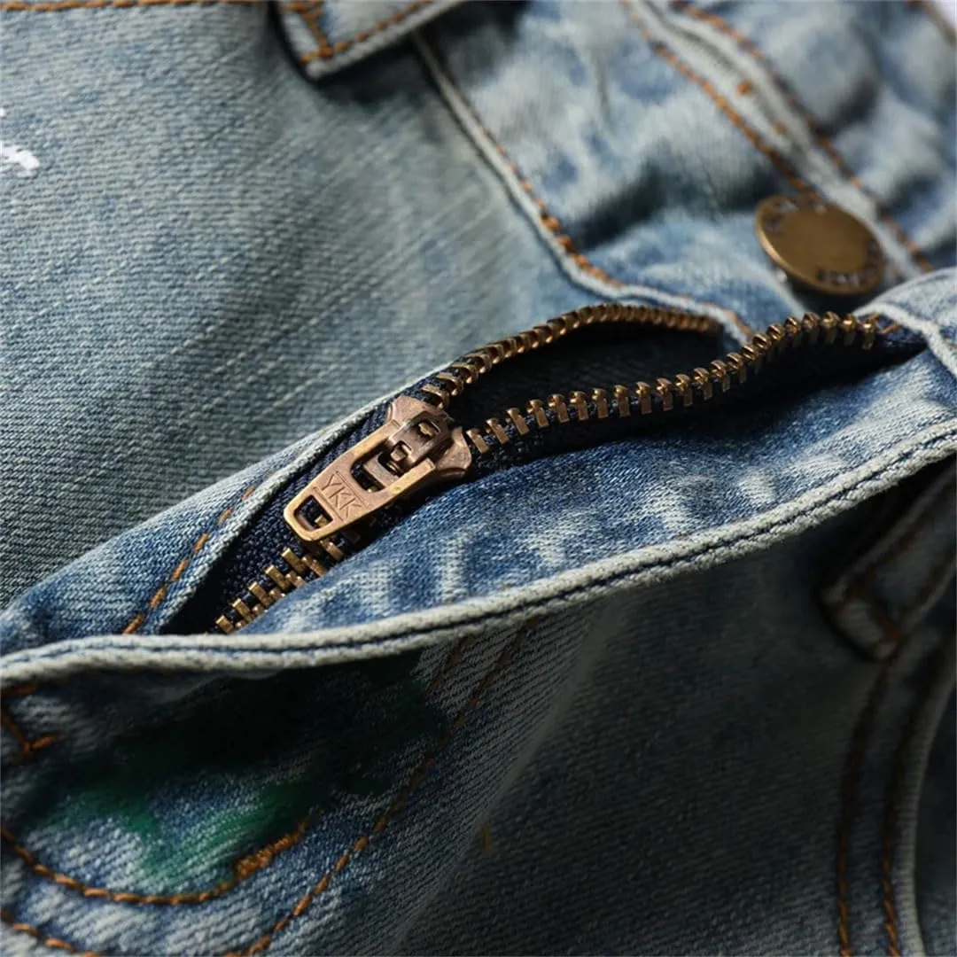 Men's Stretch Distressed Slim Skinny Casual Denim Pants Frayed Patchwork Vintage Ripped Jeans