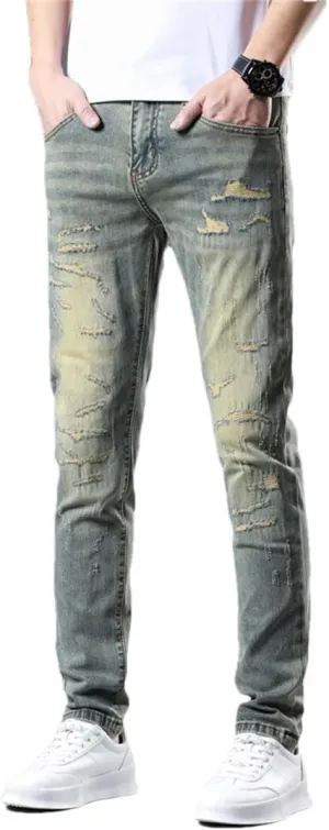 Men's Stretch Distressed Slim Skinny Casual Denim Pants Frayed Patchwork Vintage Ripped Jeans