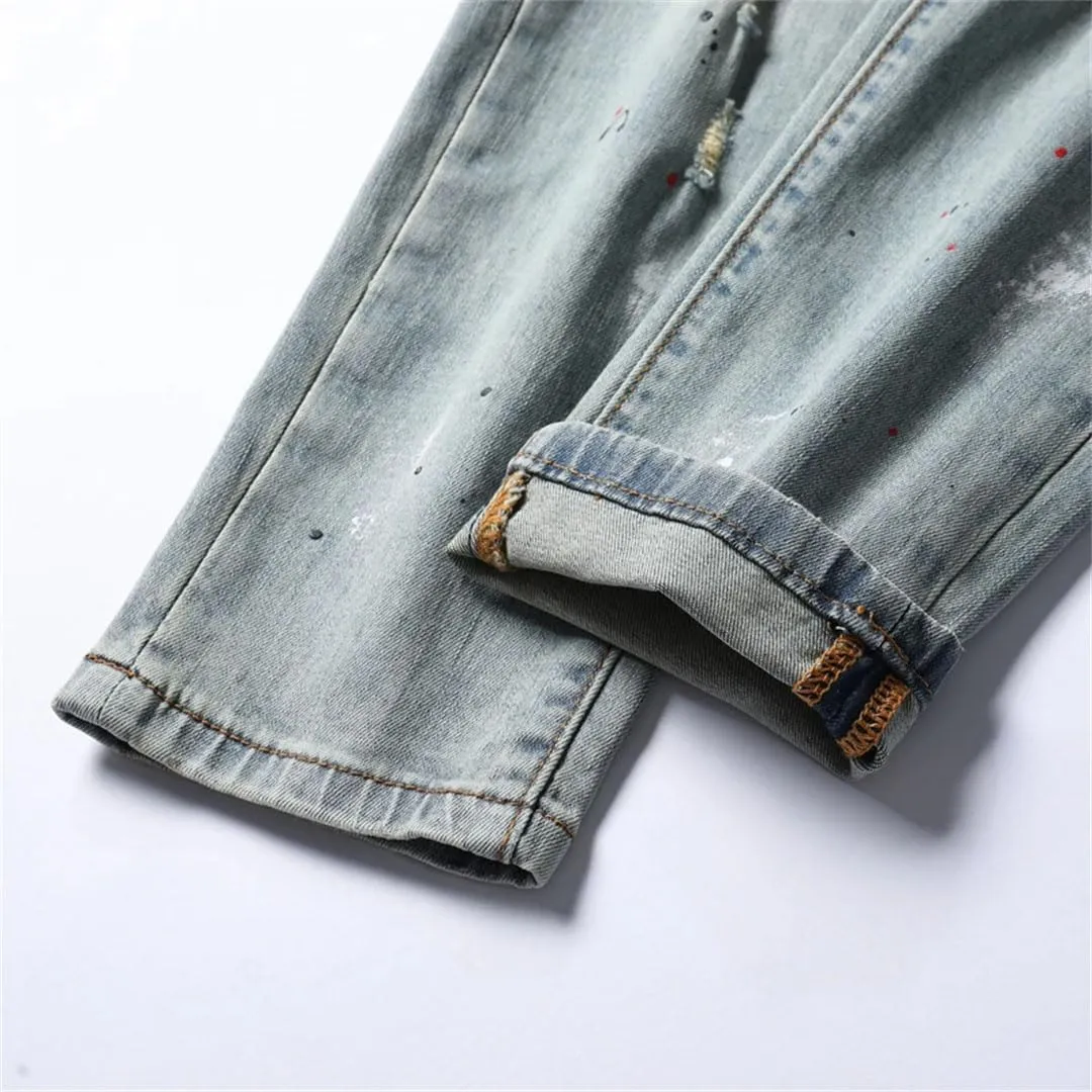 Men's Stretch Distressed Slim Skinny Casual Denim Pants Frayed Patchwork Vintage Ripped Jeans
