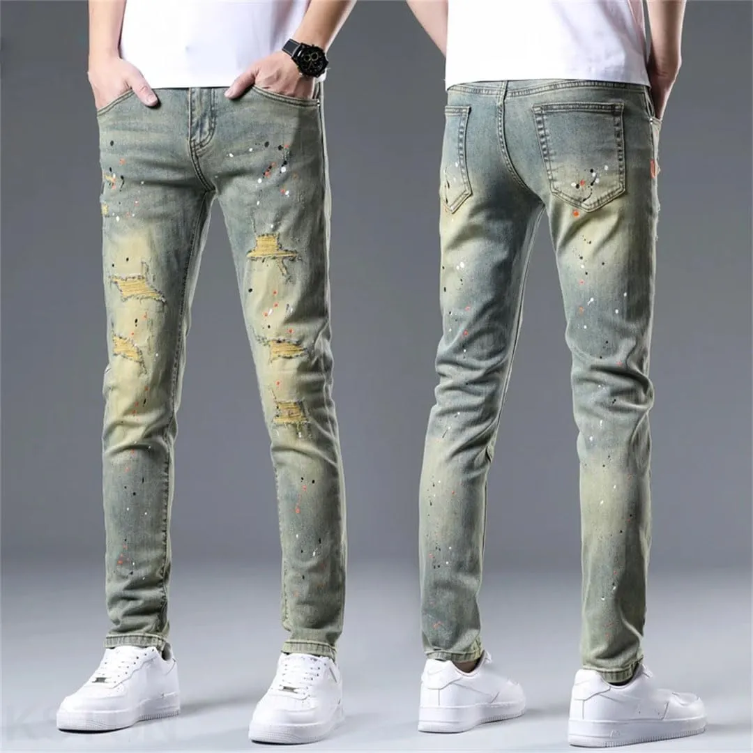 Men's Stretch Distressed Slim Skinny Casual Denim Pants Frayed Patchwork Vintage Ripped Jeans