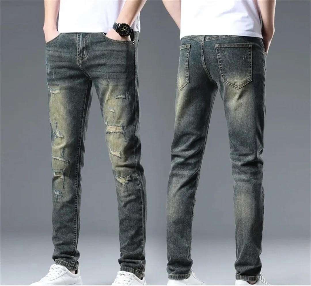 Men's Stretch Distressed Slim Skinny Casual Denim Pants Frayed Patchwork Vintage Ripped Jeans