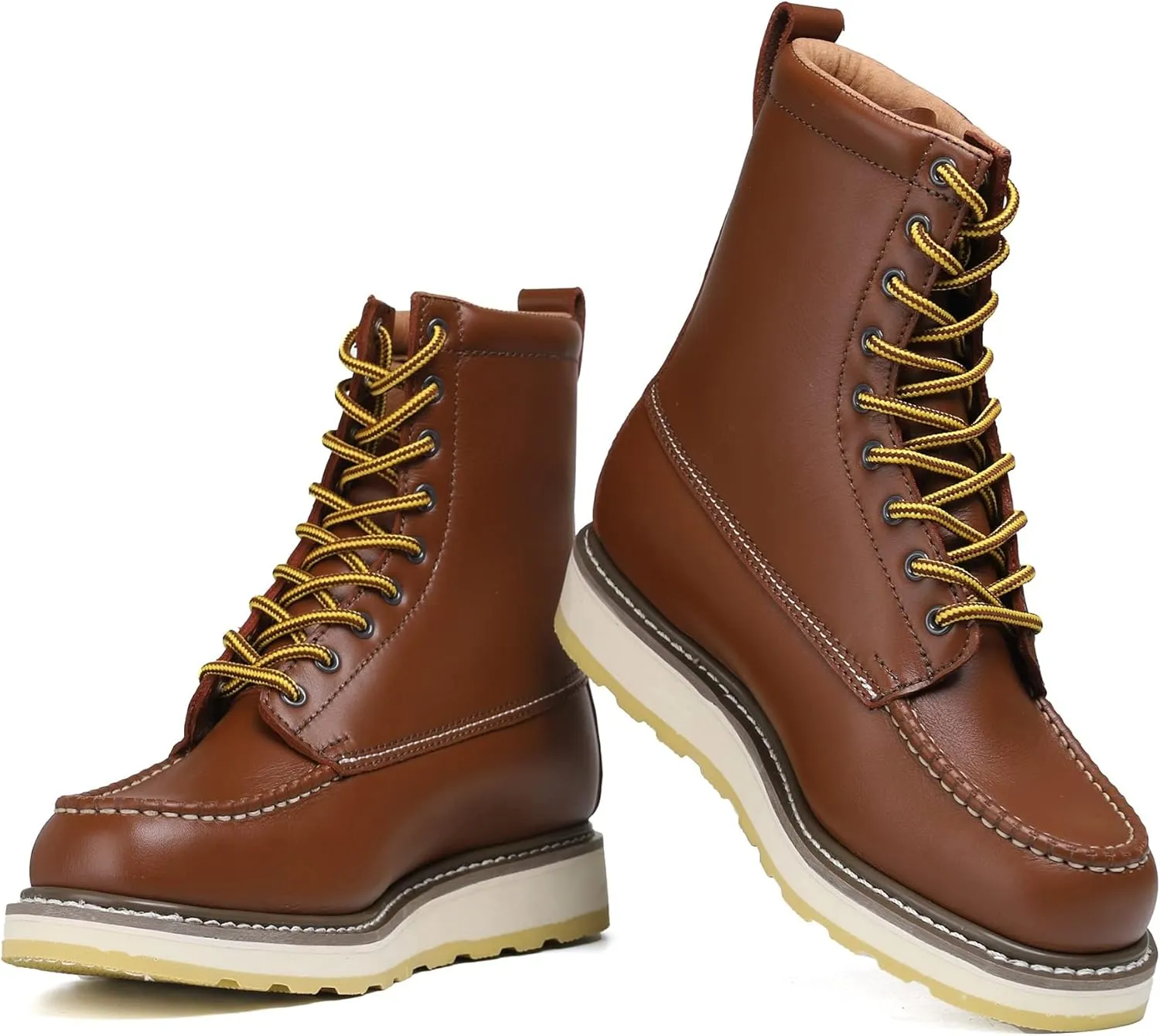 Men's Stylish Classic 8" Soft Moc Toe Leather Work Boot With Non-Slip Wedge Outsole 86994